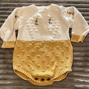 Kids Two-Tone Yellow and Cream Knit Onesie with Sunflower Embroidery